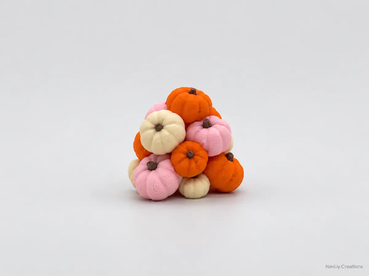 Stack of miniature pumpkins in orange, pink, and ivory